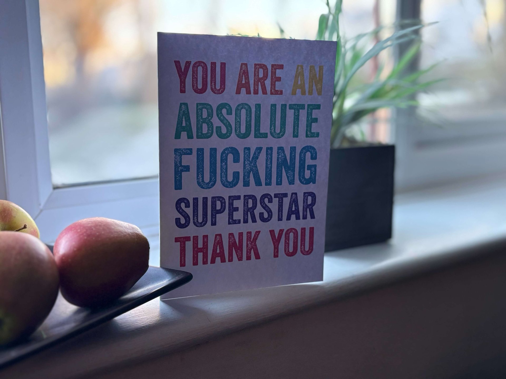 Photo of c and whose front text reads "You are an absolute fucking superstar; thank you"