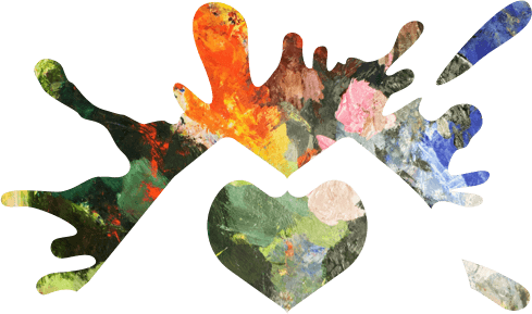 Splash of coloured paint inside a stylised pair of hands in the shape of a heart