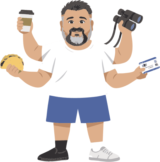 An illustration of a smiling man in his 40s with a salt-and-pepper beard and four arms, holding a taco, a coffee cup, a pair of binoculars, and a train ticket; his left shoe is a trainer with a white sock, while his right shoe is a black slip-on with a black sock